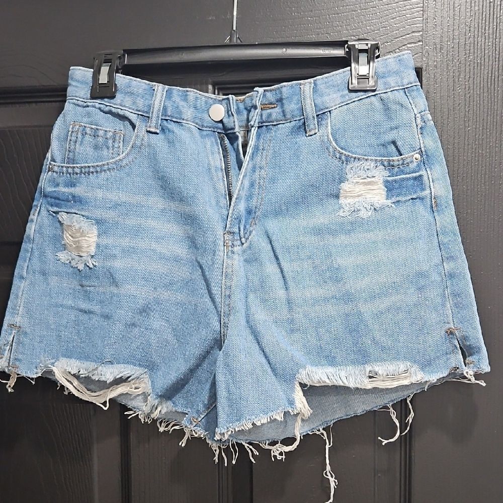 High-Rise Light Blue Distressed Denim Jean Shorts
